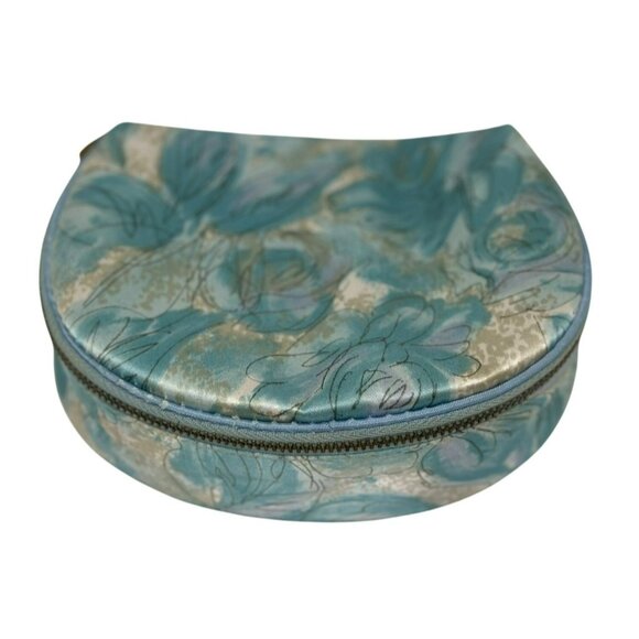 VTG Blue & Cream Floral Zippered Cosmetic Bag | Half-Moon Travel Vanity Case - Picture 1 of 8